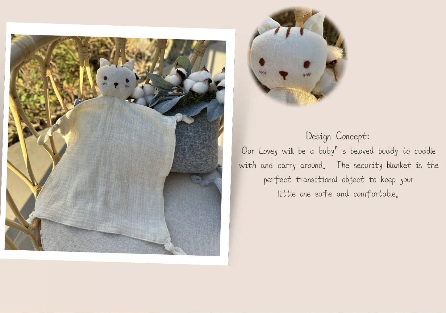 Soft Cotton Muslin Baby Bib with Stuffed Cat - Security Blanket & Comfort Towel