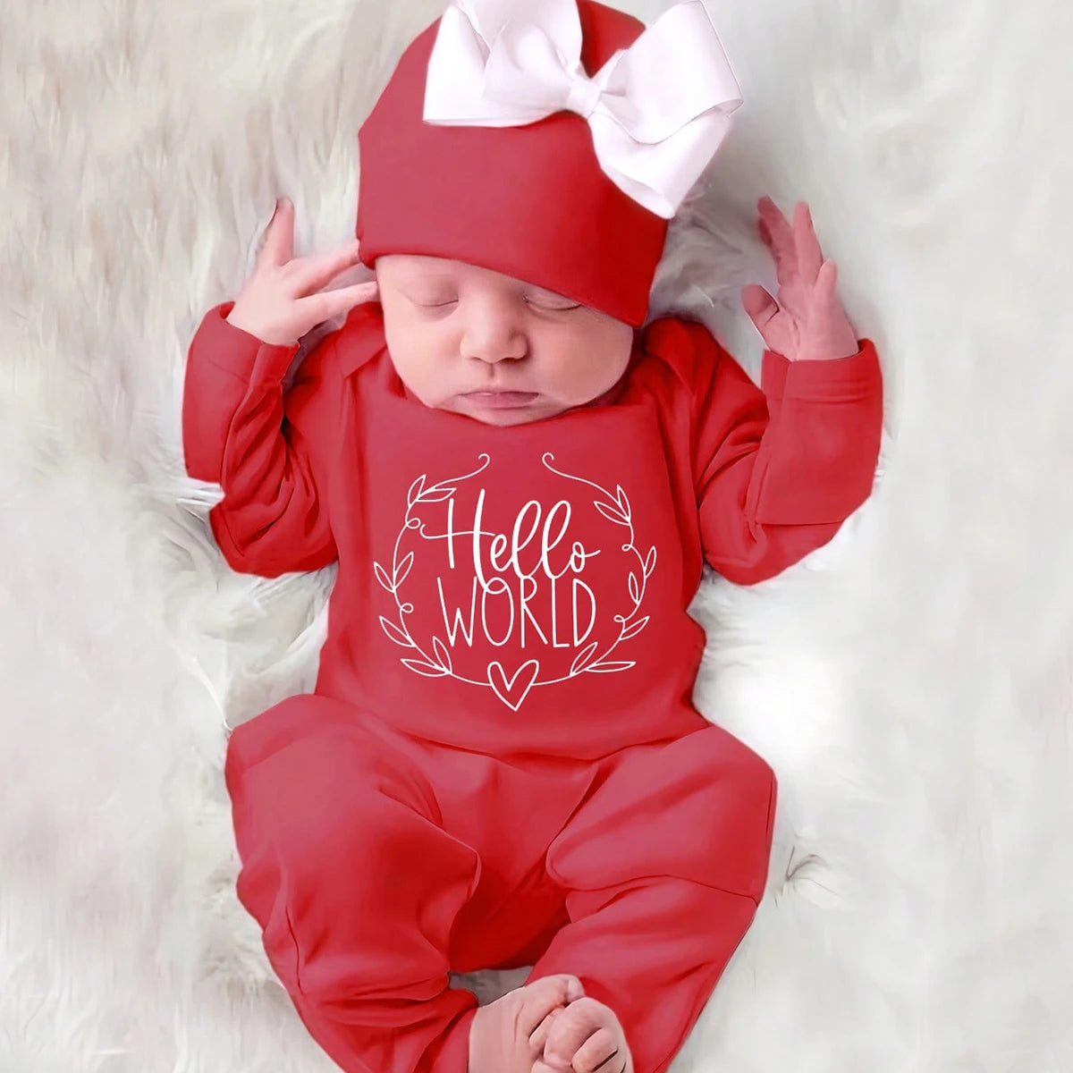Ylsteed "Hello World" Embroidery Newborn Photography Props Infant Romper Jumpsuit with Bow Hat Baby Coming Home Outfit Baby Gift