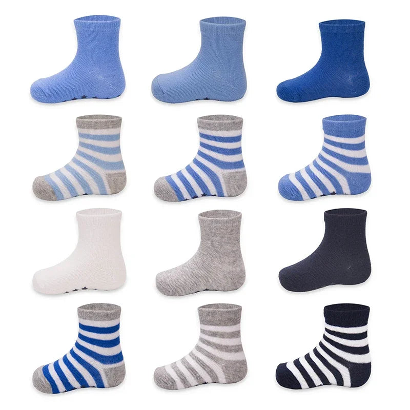 12 Pairs/lot 0 to 4 Yrs Cotton Children's Anti-slip Non Skid Socks For Boys Girl Floor Kid Sock With Rubber Grips Four Season