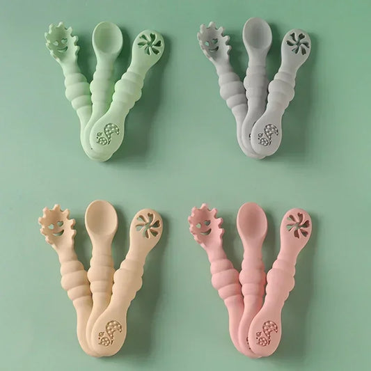 3PCS Silicone Baby Utensils Set – Soft Spoon & Fork for Toddlers – Self-Feeding Training Cutlery